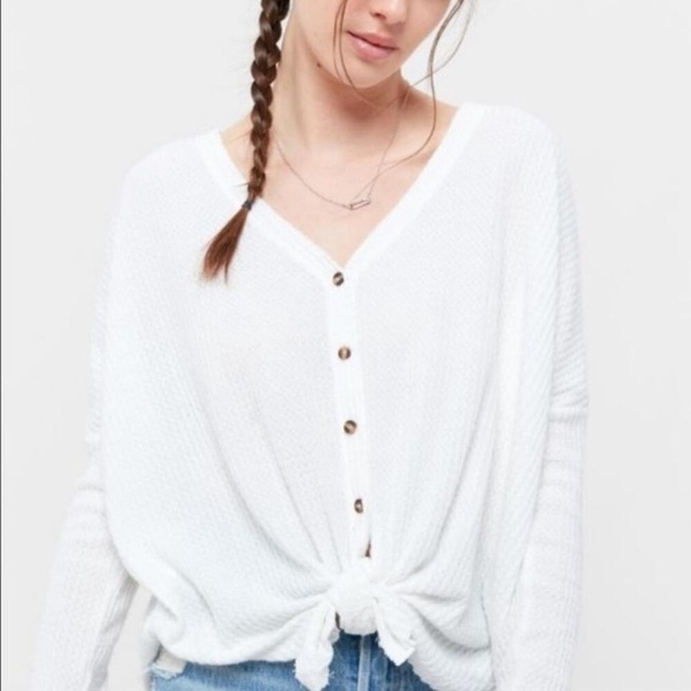 Medium UO Out From Under White Waffle Knit Tie Front Thermal Top Urban Outfitter